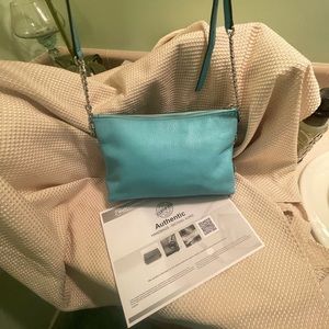 Michael Kors beautiful aqua blue pebbled leather Crossbody w chain accents